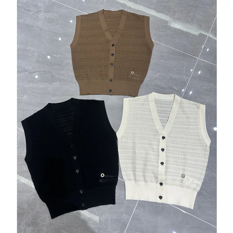 

2024 Early Autumn Simple French V-neck Loose Niche Hollow Slightly Transparent Merino Wool Knitted Cardigan T-Shirt Vest