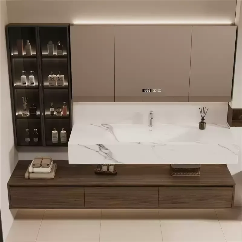 Customizable Light Hotel Style Wall-Mounted Bathroom Cabinet Solid Wood Multilayer Rock Slab Intelligent Mirror