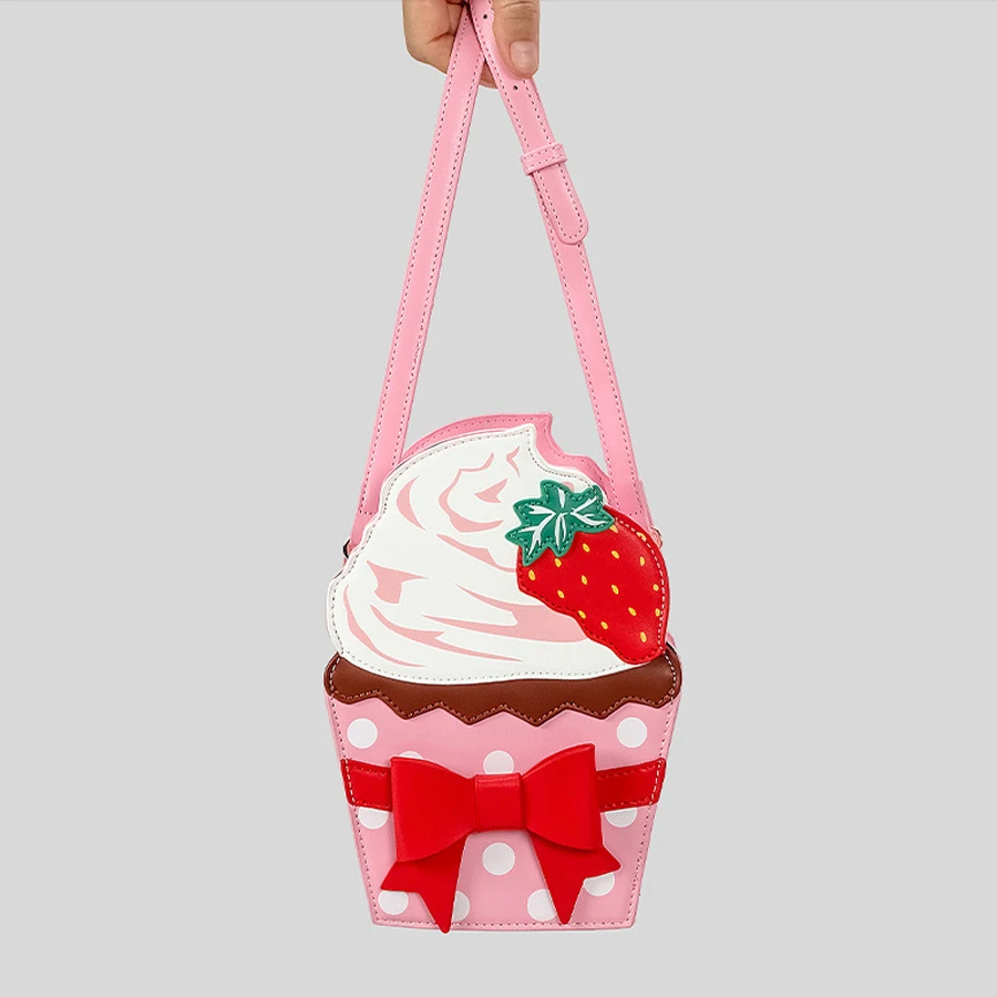 Cute Strawberry Cake Design Women Shoulder Bags Funny Sweet Bow Crossbody Bag Creative Pu Leather Messenger Bag Small Phonepurse