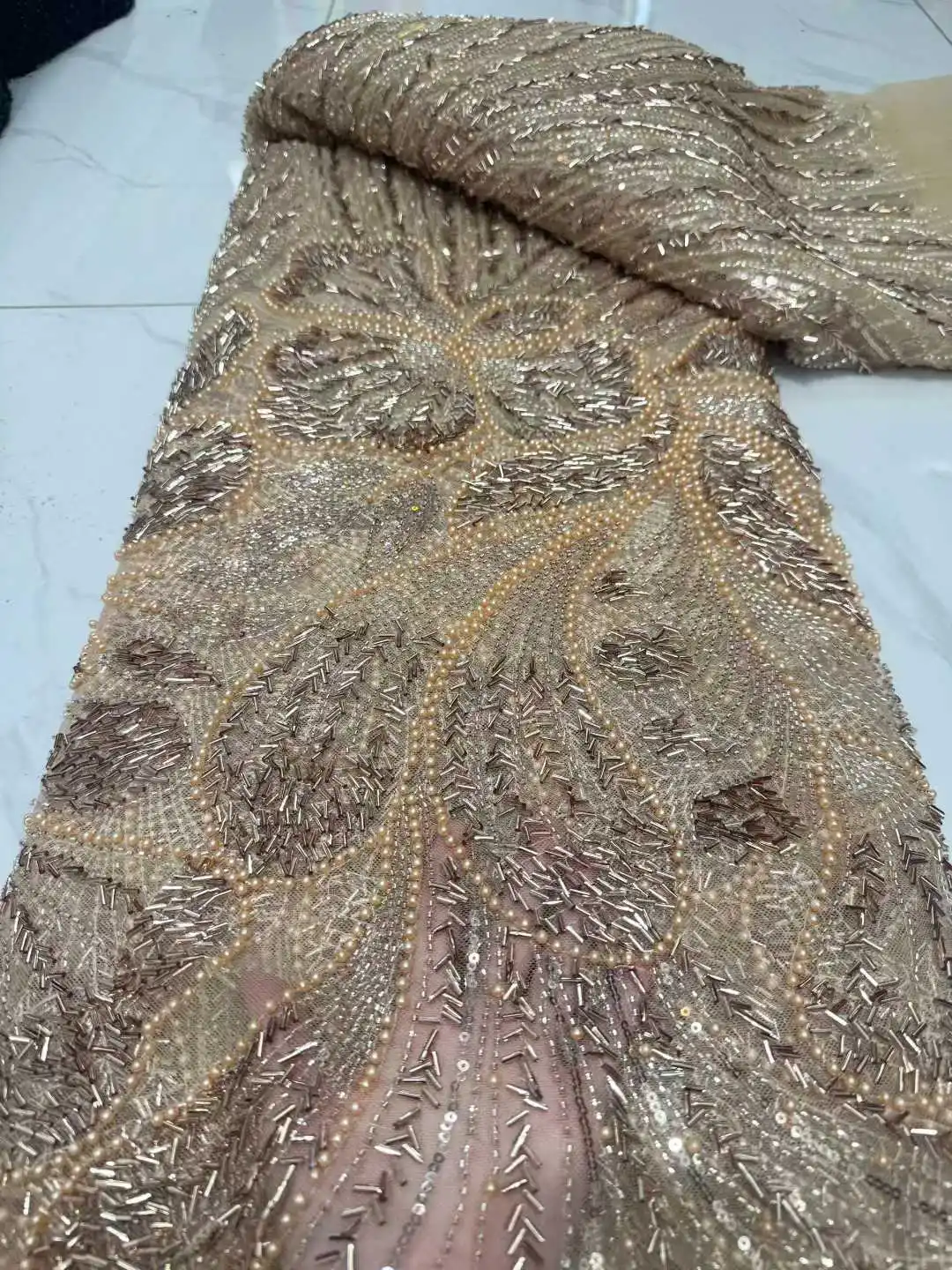 Luxury Purple French Tulle Lace Fabric with Sequins Beads for Bridal Dress Nigerian Groom High Quality African Wedding Gown Ma