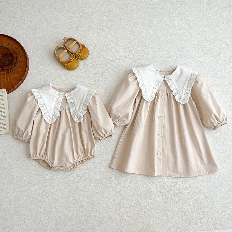 

2024 New Spring Korean Style 2-6Y Girl Party Dress Kids Princess Dress Long Sleeved Cotton Solid Color Splicing Baby Girl Romper