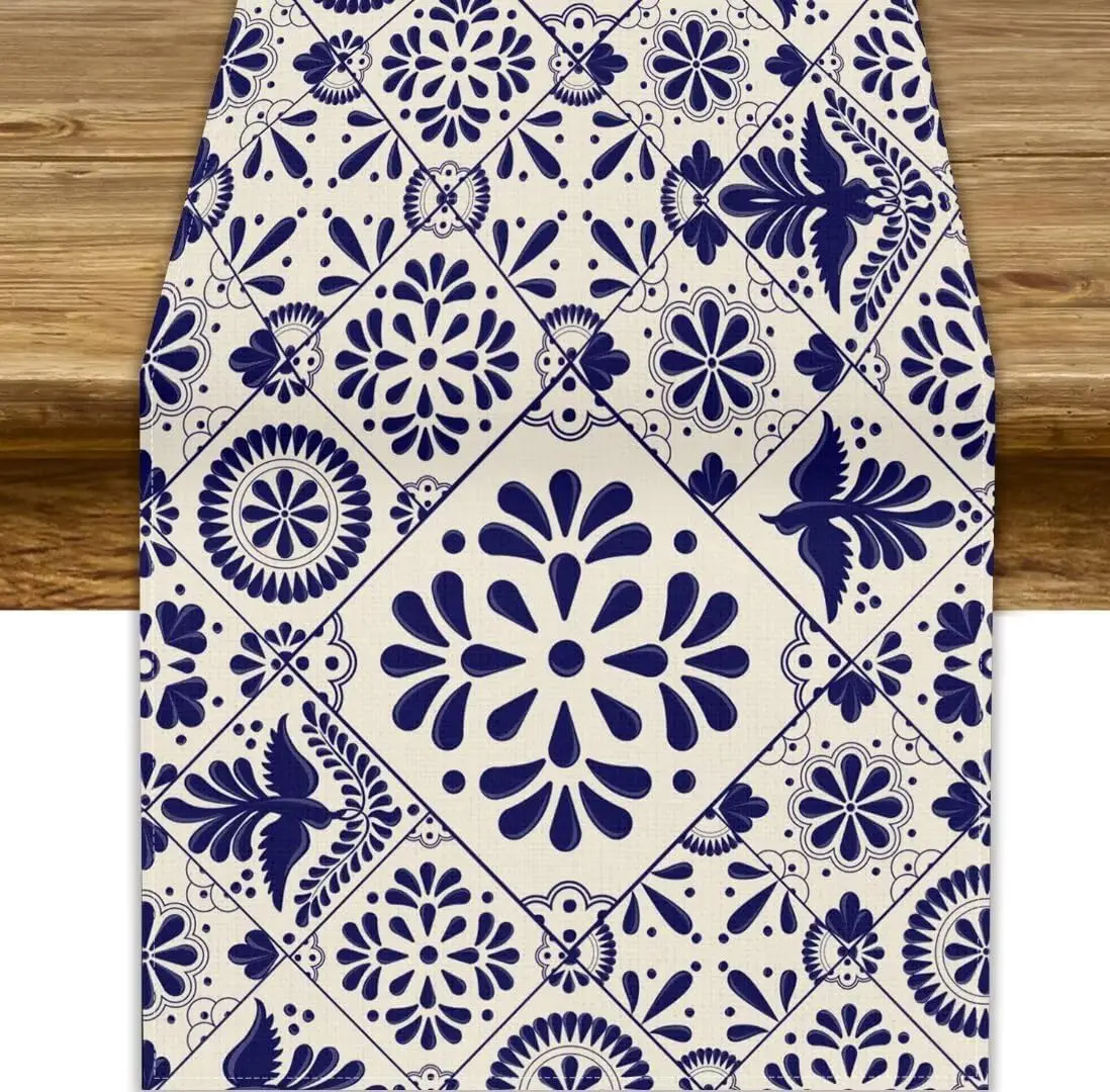 Mexican Talavera Floral Bird Linen Table Runner Party Decor Reusable Kitchen Dining Table Runner Day of The Dead Decorations