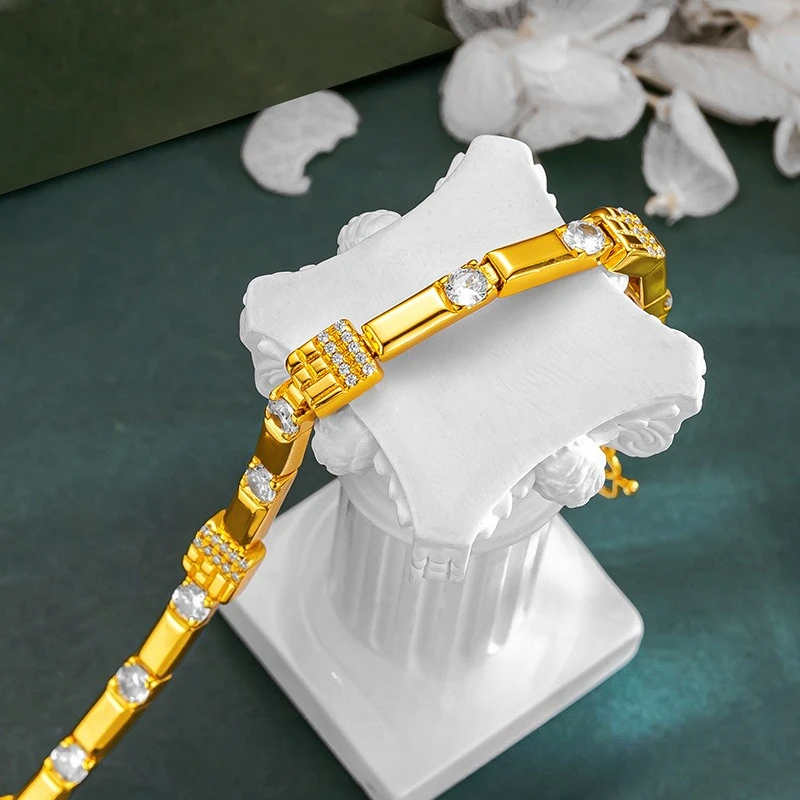 

Модный браслет-цепочка из 18-каратного золота с геометрическим узором и инкрустацией цирконами для женщин, подарок на свадьбу или день рождения