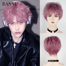 RANYU Peluca de Anime púrpura para hombre, pelo sintético corto y liso con flequillo, esponjoso, resistente al calor, para fiesta diaria