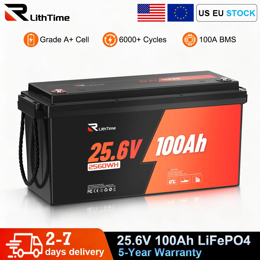 RVLithTime 24V 100Ah LiFePO4 Battery Built-in 100A BMS with Low Temp Protection 6000+ Deep Cycles IP65 Waterproof 25.6V 2560Wh Lithium Battery Pack for RV/ Marine/ Camper Van/ Home Backup/ Off-Grid Solar