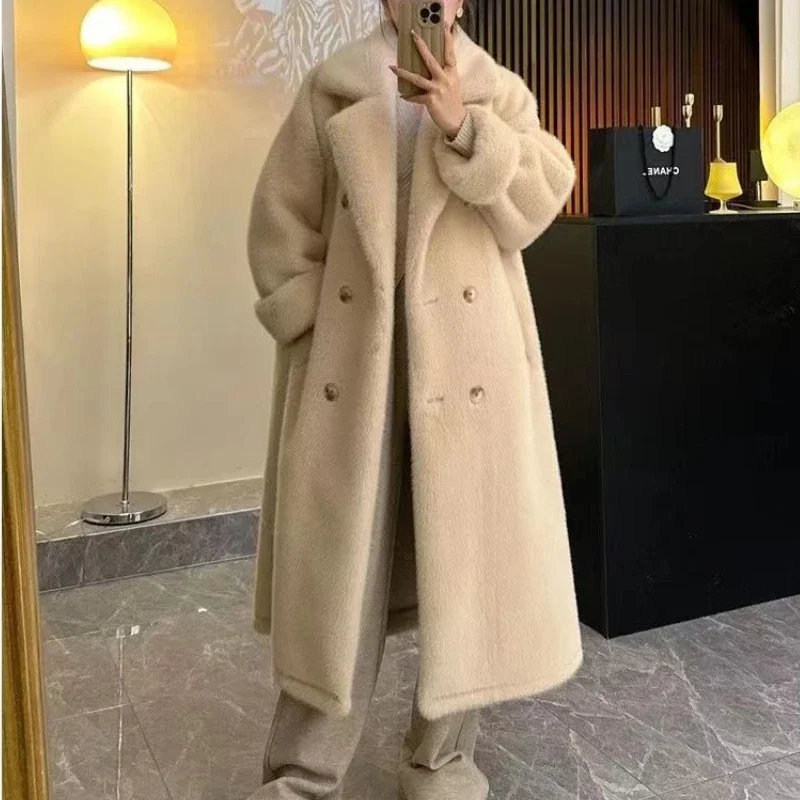 Femmes longue épaisse fausse fourrure Maxi veste Colorblock automne hiver manteau chaud luxe ceinture fourrure Parkas fourrure manteaux d'extérieur