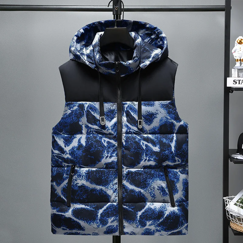 

#3615 Winter Vest Men Slim Tie Dye Camouflage Sleeveless Jacket Zipper Vintage Streetwear Down Vest Coat Plus Size 6XL 7XL 8XL