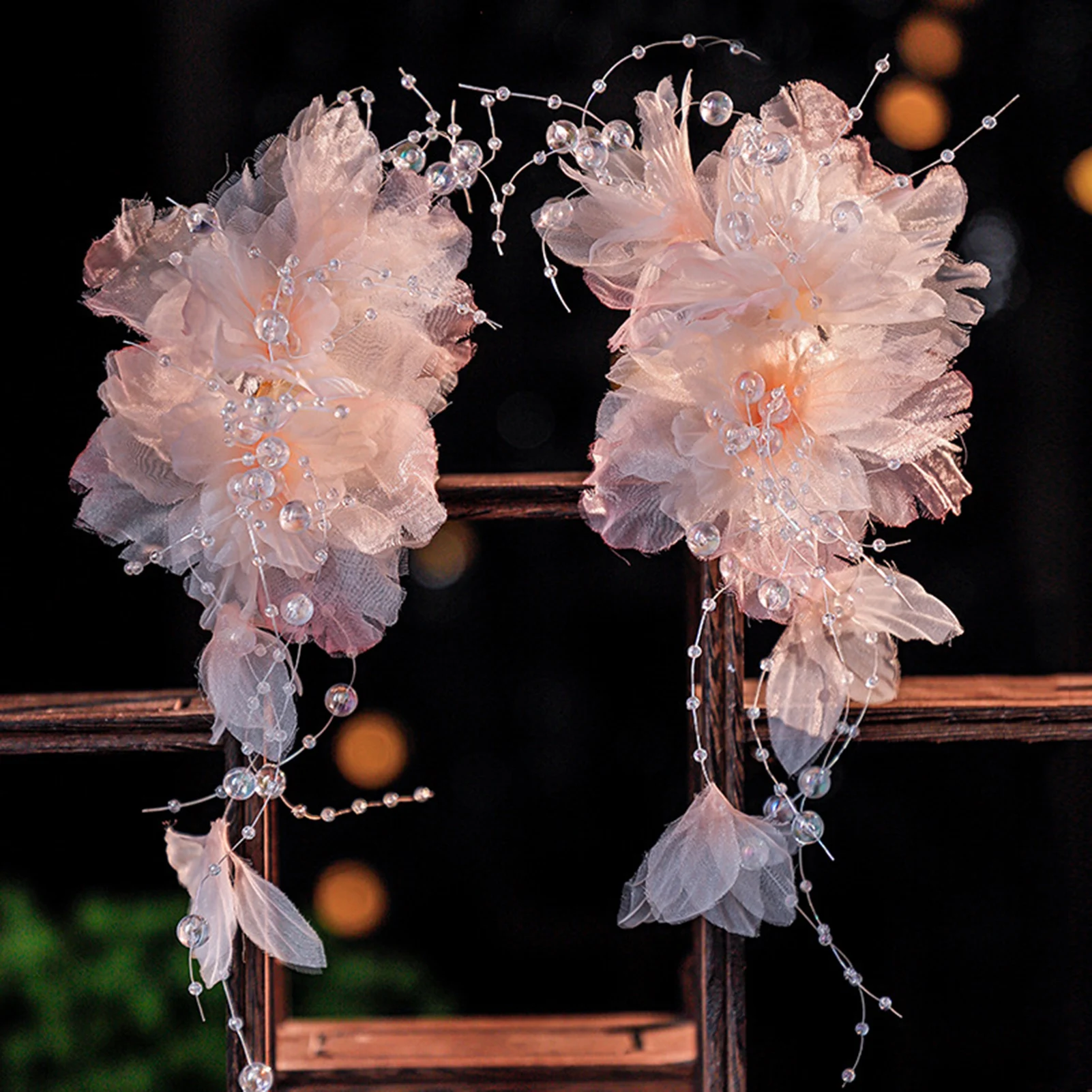 Pince à cheveux élégante en gaze fleur, pince à cheveux féerique rose avec pompon en perles pour femmes, robe Hanfu, accessoires pour cheveux, accessoires de photographie pour filles