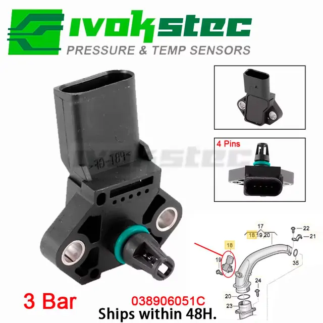 100% Test 3 Bar Manifold Pressure MAP Sensor For AUDI A2 A3 A4 A5 A6 A8 Q5 Q7 TT S5 S6 S8 1.4l 1.9 2.0 3.0 2.7 Tdi 038906051 C