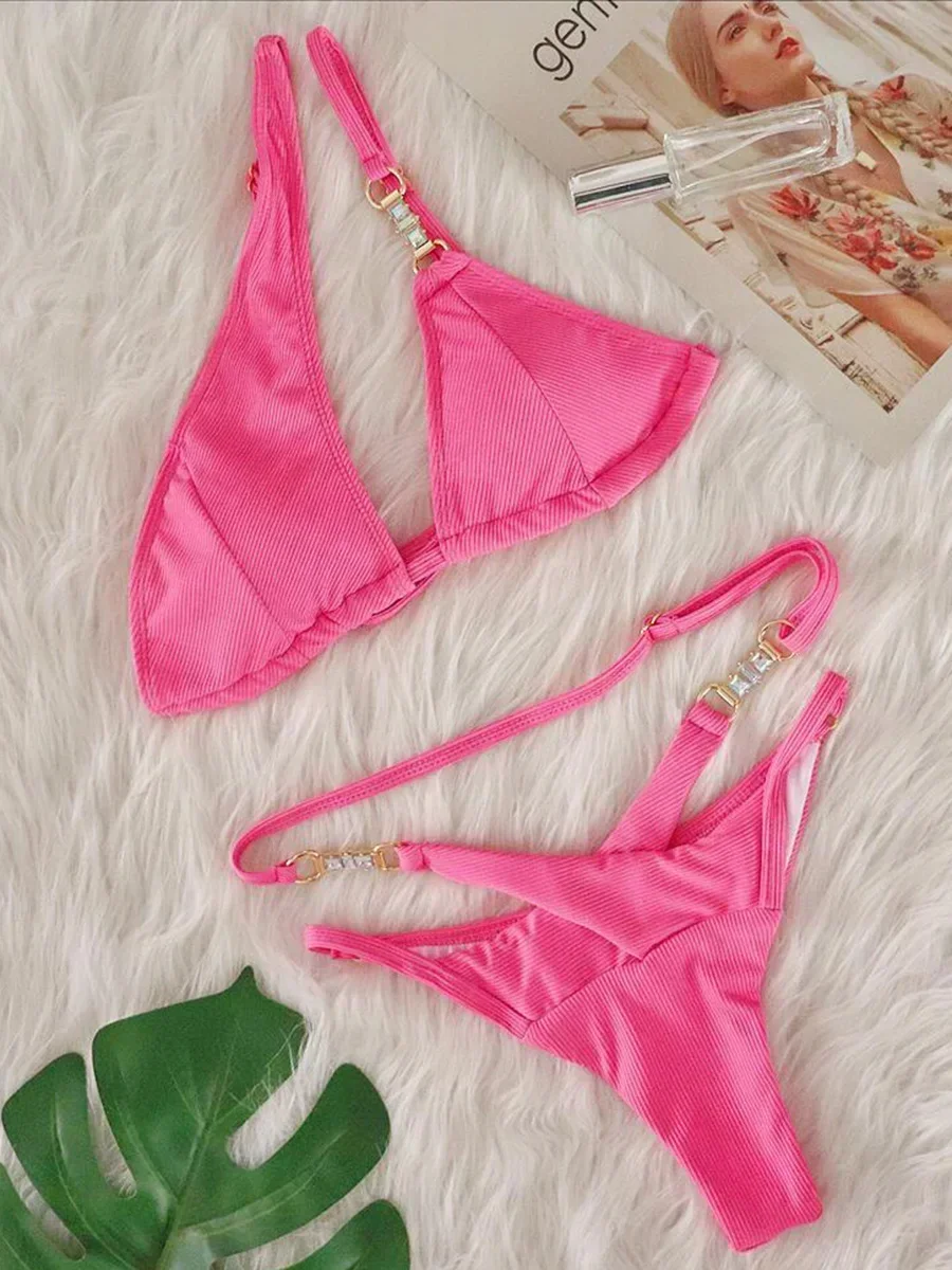 

High Cut Diamond Bikinis One Shoulder Bikini 2024 Female Swimsuit Women Swimwear Two-pieces Bikini Set Ribbed Bathing Suit Swim