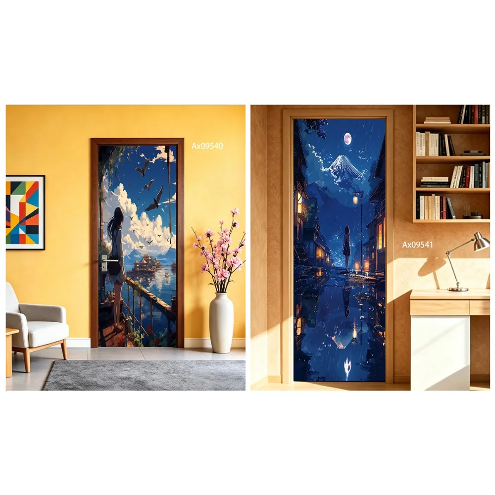 Dark Fantasy Castle Doors Cover Gothic Medieval Fortress Night Scene Door Sticker Home Refrigerator Cabinet Wardrobe Decoration