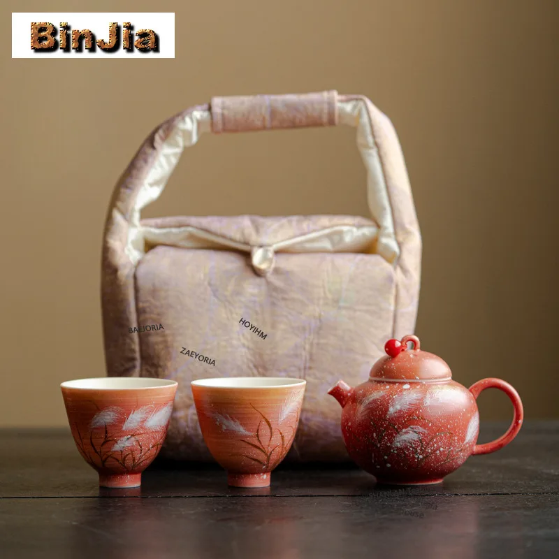 BAEJORIA Hand-painted Sunset Reed Travel Tea Set Kit Creative 1 Pot 3 Cups Tea Maker Organizer Portable Outdoor Stock Bags