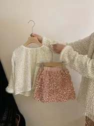 Girls' Korean-Style Spring and Autumn New Sequined Cuff Beaded Jacket Pink Skirt Two-Piece Set