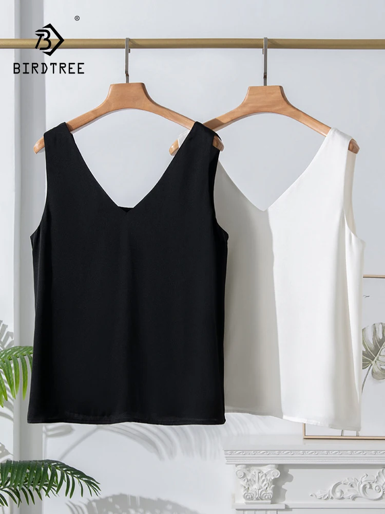 

BirdTree, 93%Real Silk Elegant Vest, Women V Neck Sleeveless Solid, Fashion Versatile Commute Tops, 2024 Summer New T45888QC