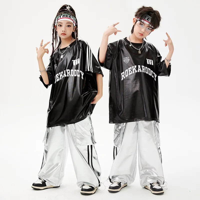 

Girl Hiphop Jazz Leather T-shirt Pants Set Teen Boy Fashion Show Dance Performance Clothing for Kid Children Costume