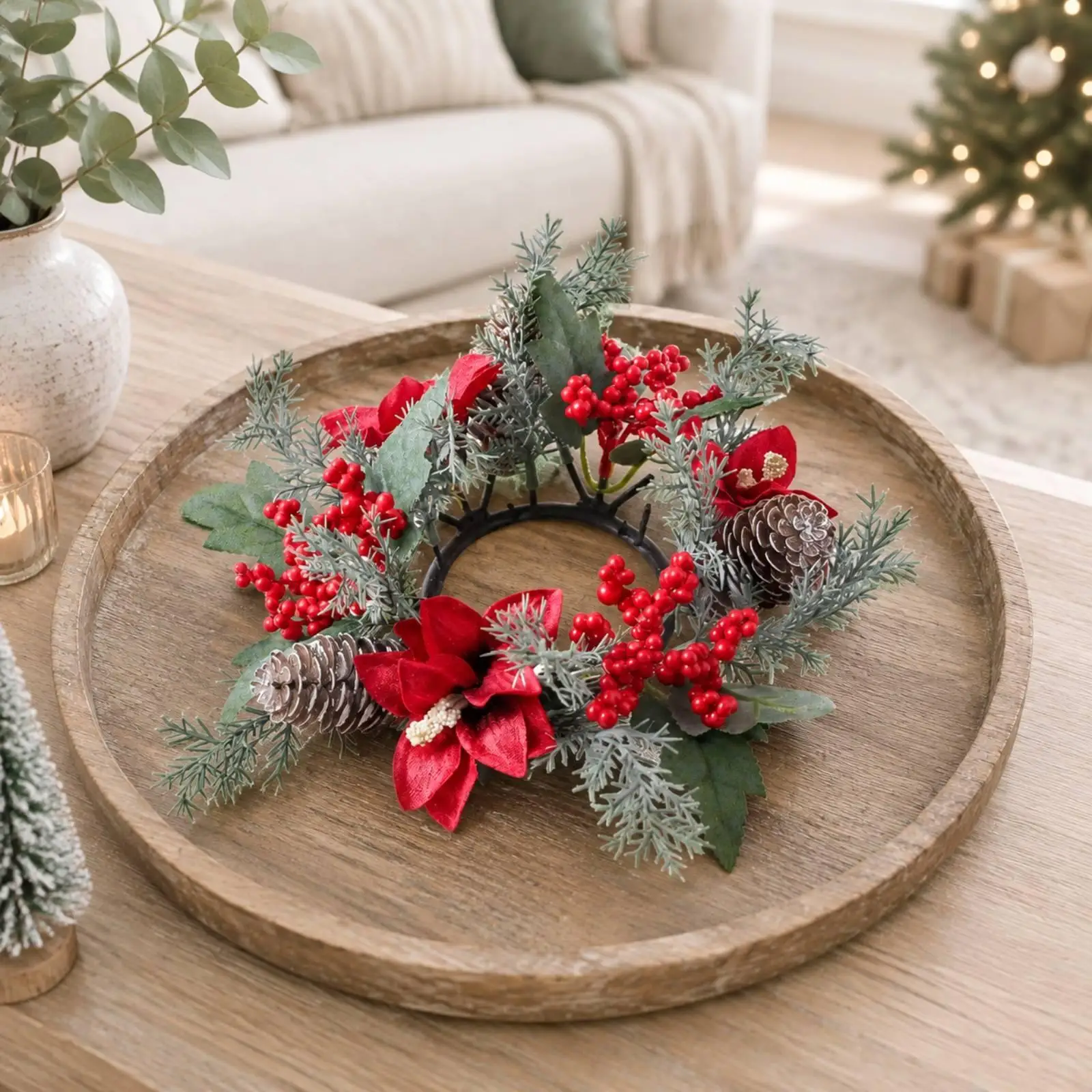 Artificial Tabletop Wreath Candle Ring Red Berry Pinecone Silk Flower Garland Centerpiece for Christmas Mantel Decor
