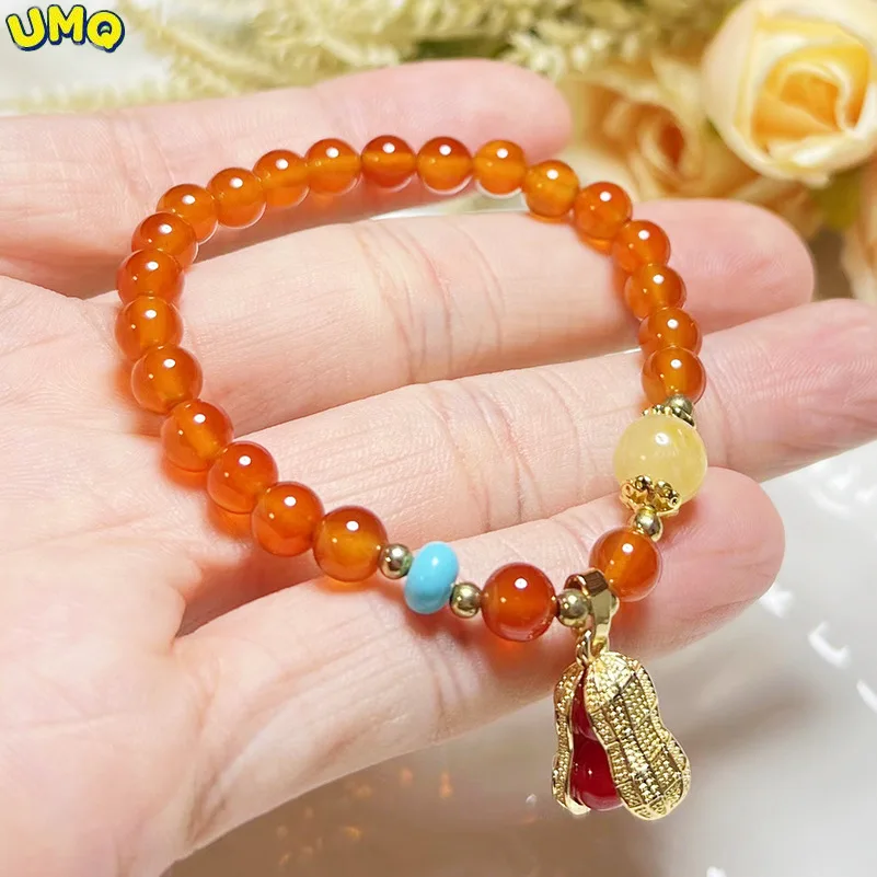 Natural Orange Agate Bracelet Feminine Style Simple and Versatile Peanut Bracelet Good Peanut Turquoise Gold Silk Jade Bracelet