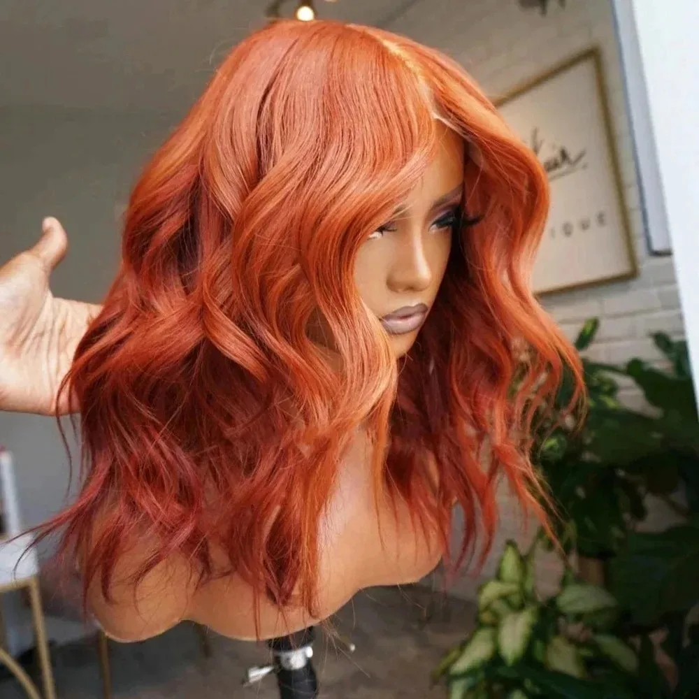 Soft Copper Hair 13x4 HD Short Bob Body Wave Lace Wigs Ginger Orange Synthetic Hair Pre Plucked Glueless Daily On Clearance Sale