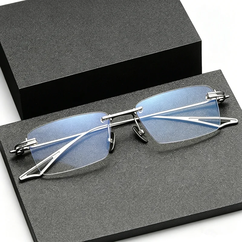 Ultra light frameless pure titanium male and female eyeglass frames for myopia prescription glasses, business black silver
