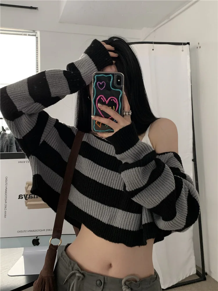 Long Sleeve Top Knitted Korean Fashion Striped Crop Sweaters Off The Shoulder Tops Cute Black Grey Striped Pullovers Knitwears