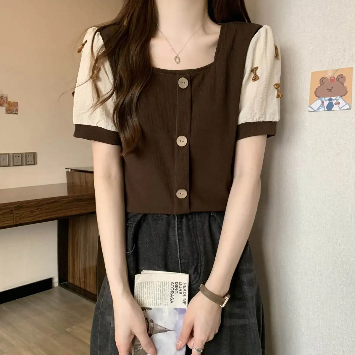 

New Design Slim Top Spliced bow Short-sleeved T-shirt for Women's