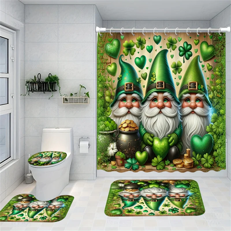 4pcs Green Clover Gnomes Pattern Shower Curtain Set, Waterproof Shower Curtain With 12 Hooks, Non-Slip Bath Rug, U-Shape Mat,