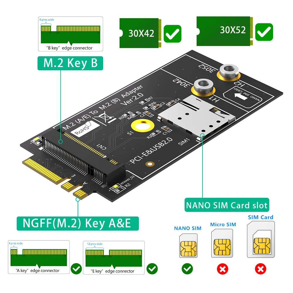 NGFF M.2 Key A+E Interface To Key-B Wireless Adapter Card With 1 NANO SIM Holder For 5G 4G LTE WWAN GSM Modem Module