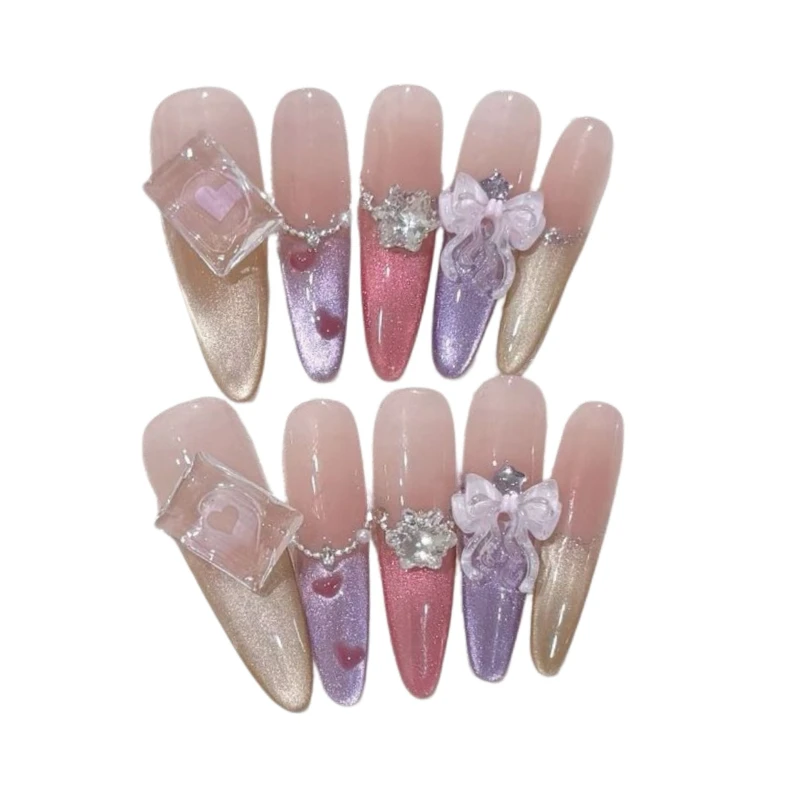 10 Pieces French Colorful Cat Eye Long Handmade Press On Top of Nail Drill Butterfly Fake Nails Removable Reusable