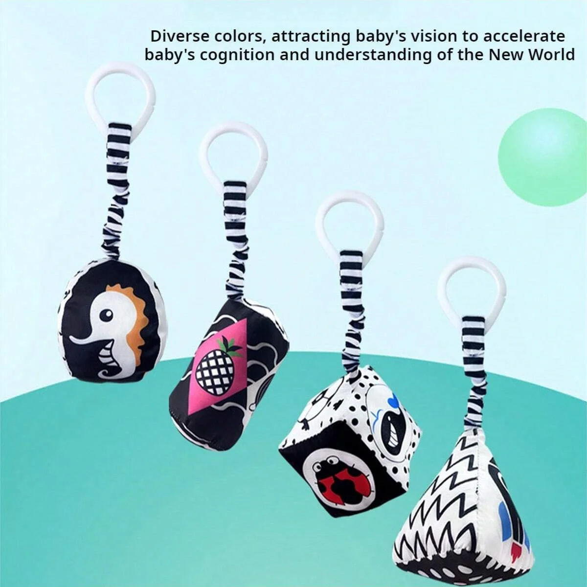 ของเล่นโมบายเด็ก 4 รูปทรง ลูกบาศก์ ทรงกระบอก สามเหลี่ยม สีดำขาว ของเล่นมอนเตสซอรี่สำหรับเตียงเด็ก กระตุ้นประสาทสัมผัสสำหรับทารกแรกเกิด ของขวัญสำหรับเด็กแรกเกิด