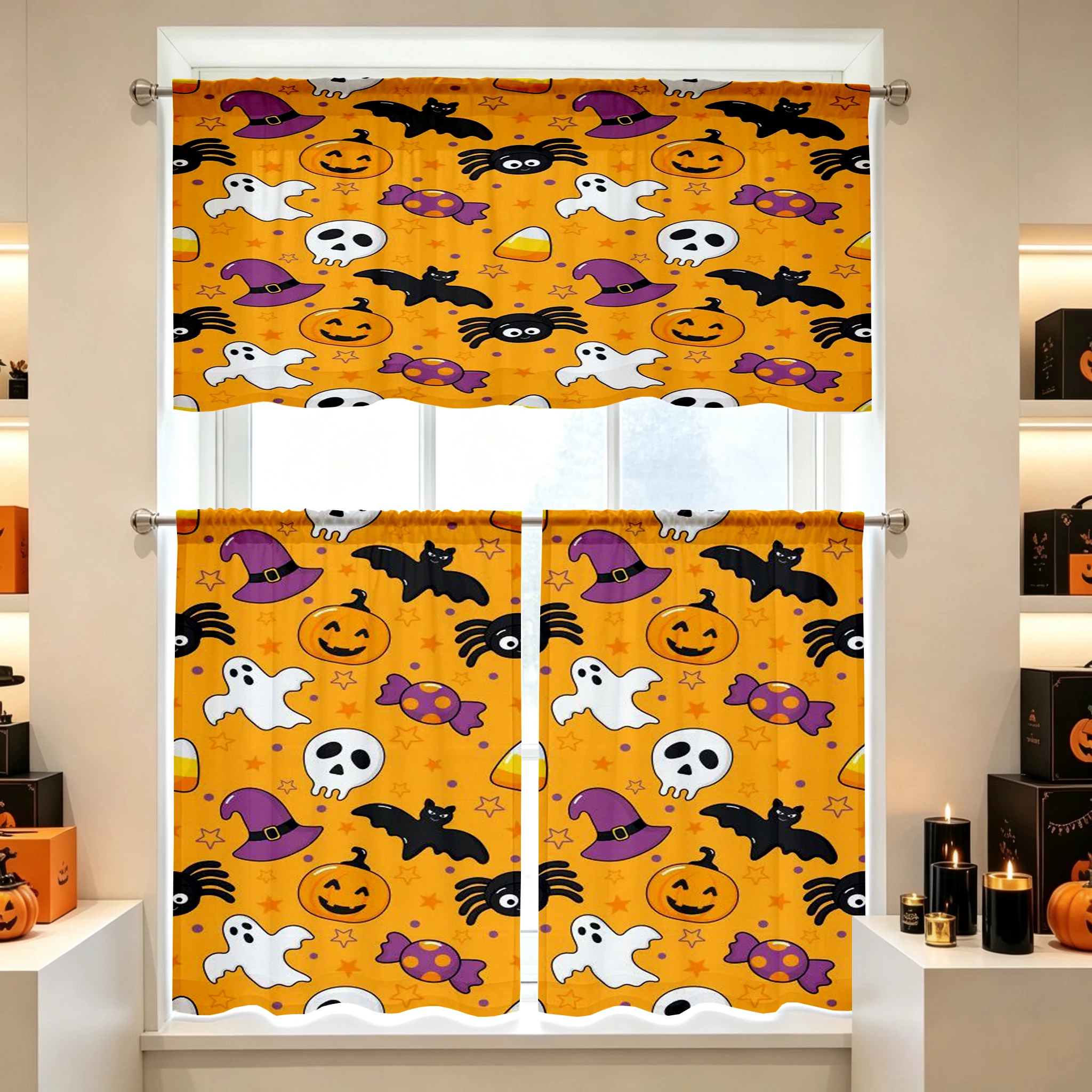 Halloween Fall Kitchen Curtains, Pumpkin Ghost Candy Corn, Digital Print, Kitchen Dining Room, Rod Pocket Polyester, Home Decor