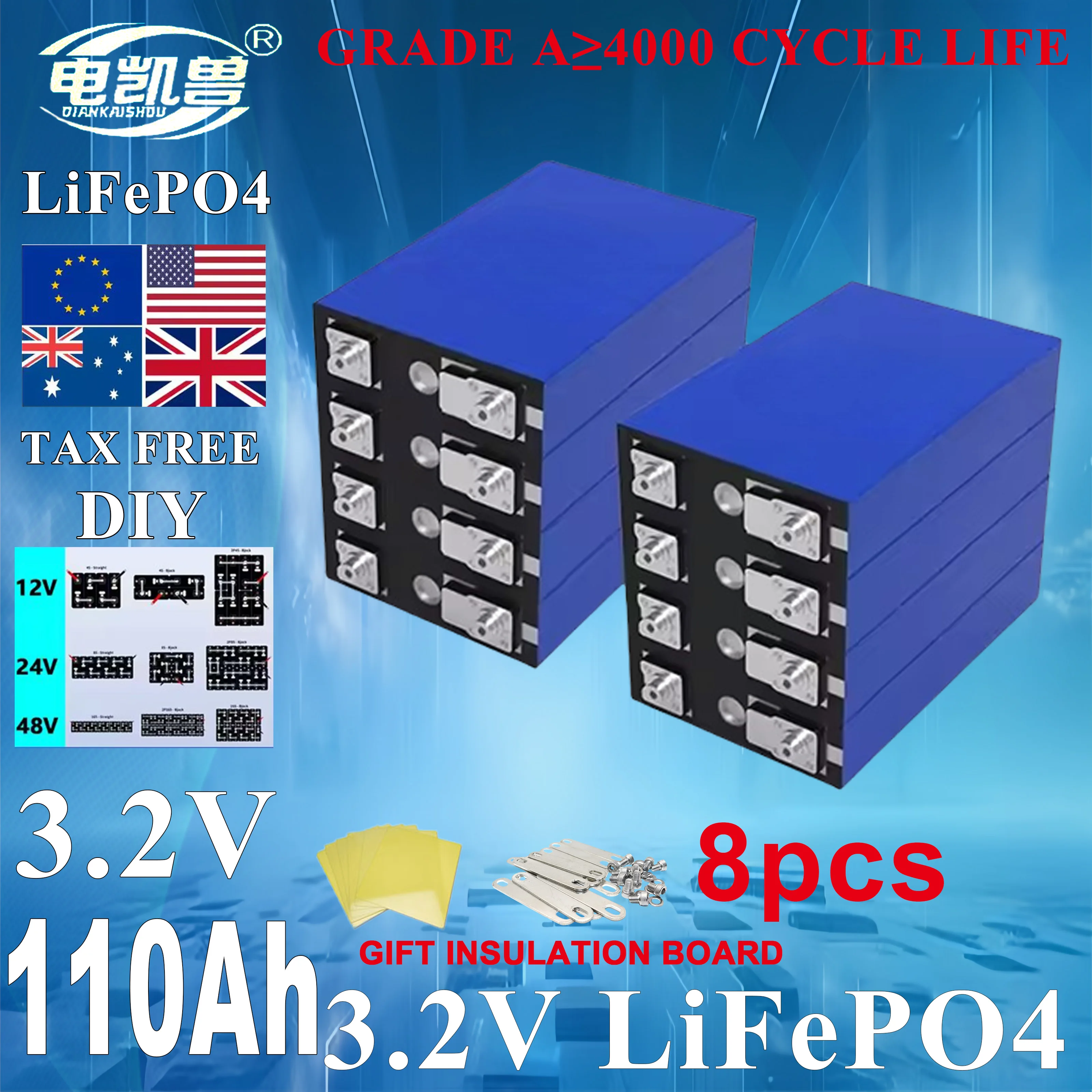 

New 8pcs Grade A 110ah 3.2V Lifepo4 Rechargeable Battery 4000 Cycles DIY 12V 24V 48V RV, yacht, golf cart solar energy battery