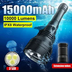 15000mAh 3*LED Professional Scuba Diving Flashlight Diving 800m Powerful 10000LM Underwater Diving Light With Magnetic Switch