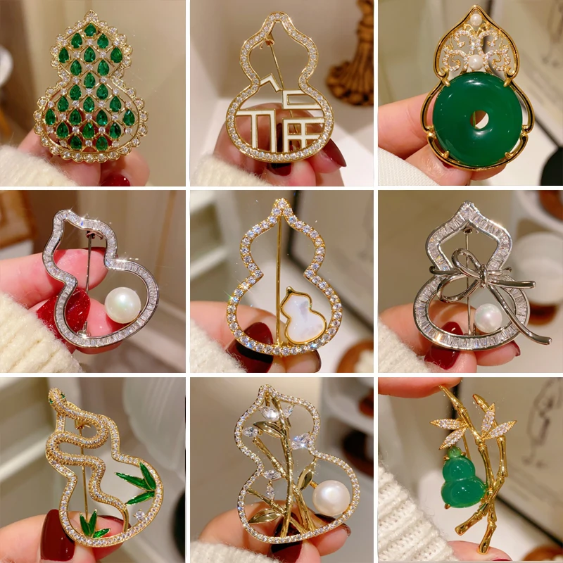 OKILY Ethnic Style Zircon Lucky Gourd Brooches for Women's Clothes Accessories Real Pearl Broche Decorativo De Ropa Jewelry