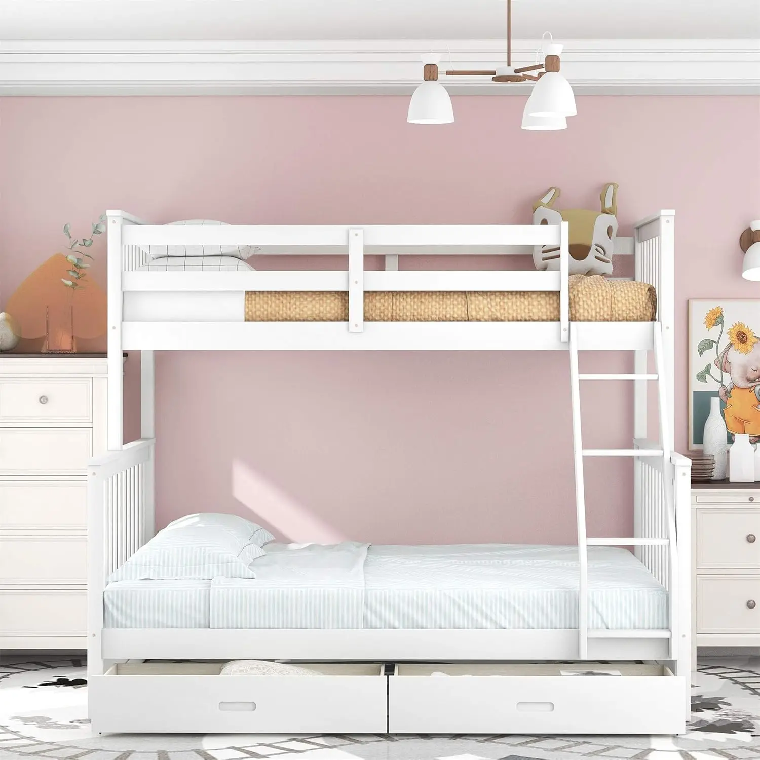 Harper & Bright Designs Bunk Bed with Drawers, Twin Over Full Bunk Bed, Solid Wood Bunk Bed Frame with Ladders & 2 Storage Drawe