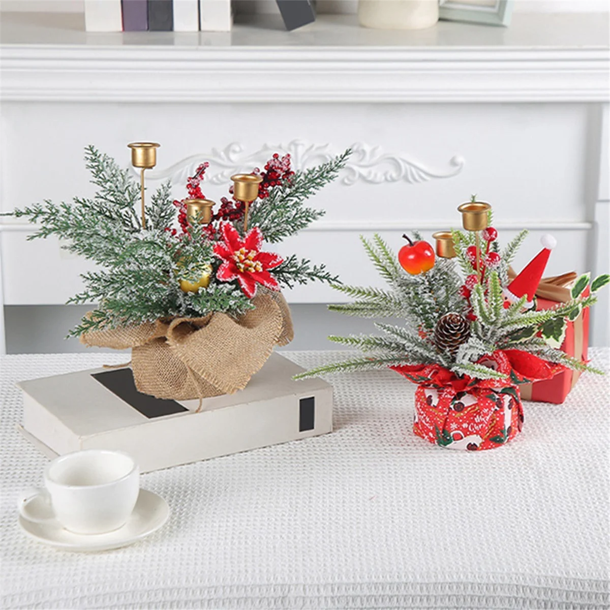 Christmas Candle Holder Centerpiece, Pine Cones and Red Berry Table Centerpiece with 2 Candle Holders A