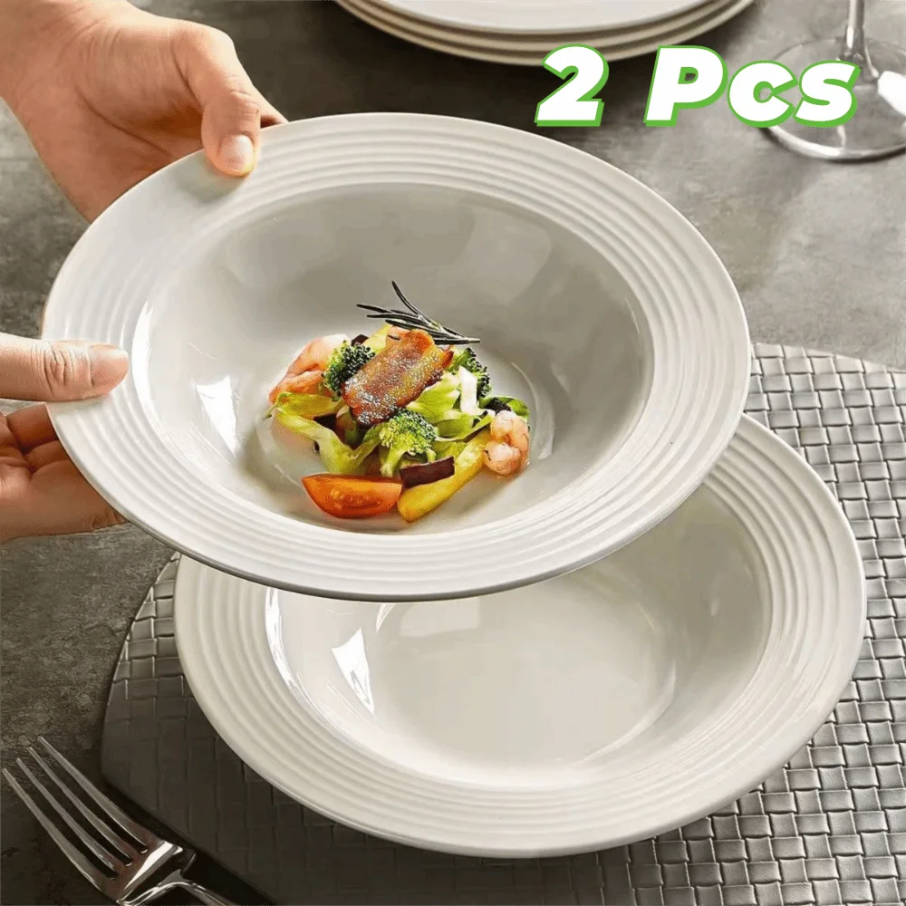 2PCS Japanese-Style Ceramic Straw Hat Plate Under-glaze Painting Threaded Pattern Dessert Dish Round White Serving Dish