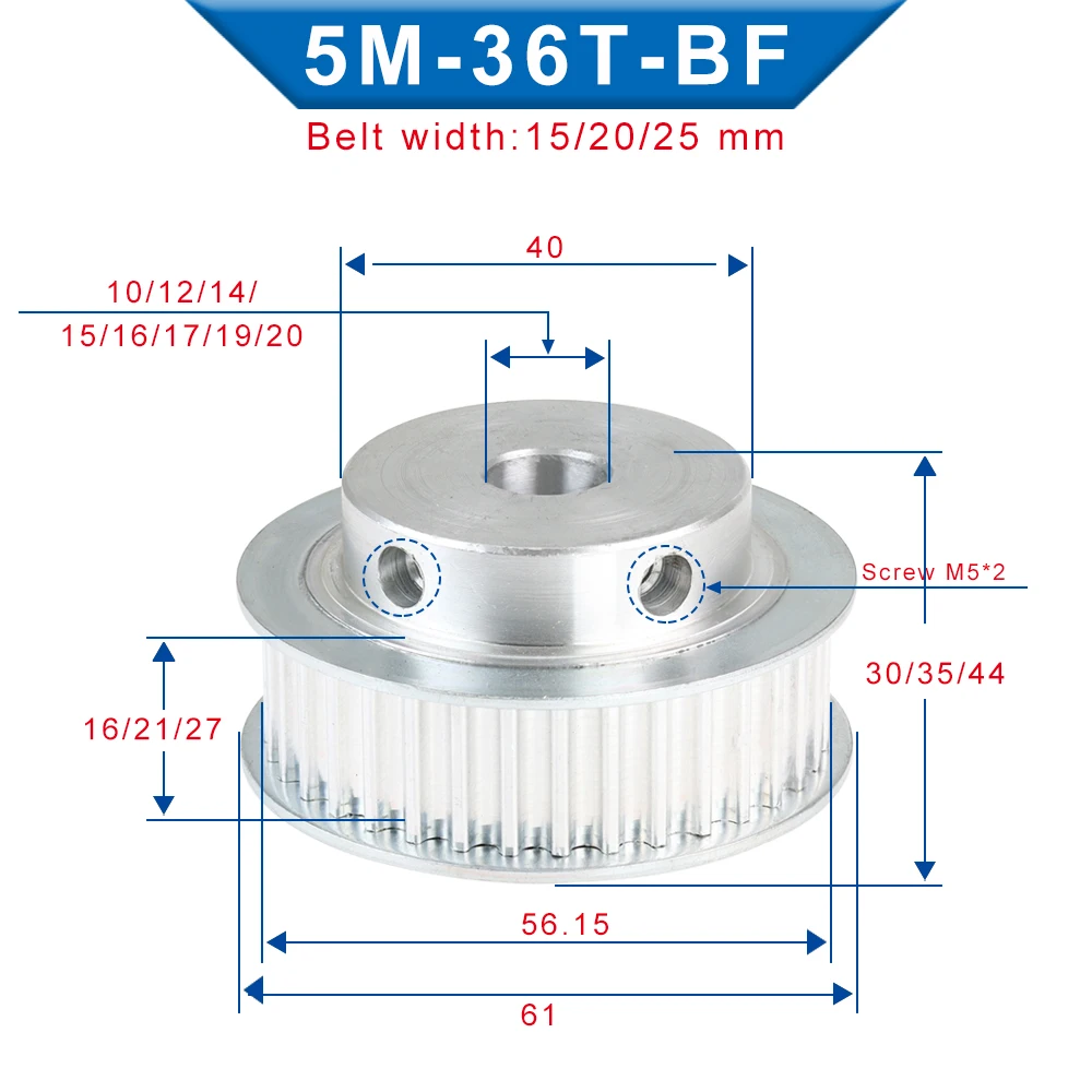 5M-36T Alloy Pulley Bore Size 8/10/12/14/15/16/17/19/20 mm Pulley Wheel Circular Arc Tooth For 5M Rubber Belt Width 15/20/25 mm