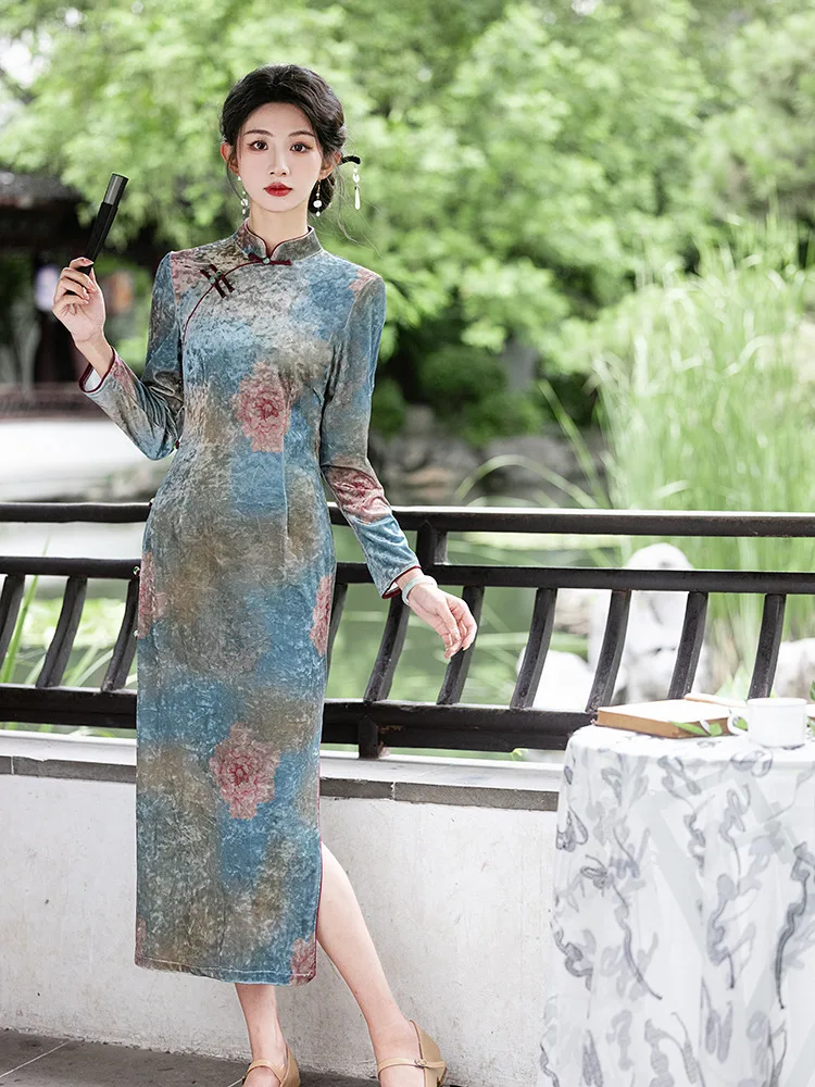 Outono inverno veludo longo cheongsam estilo chinês impressão veludo qipao tradicional gola mandarim vestido feminino