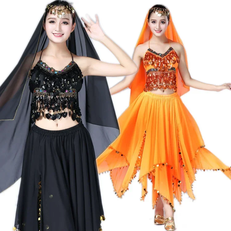 Indian Dance Costume Belly Dance Veil Top Coins Hip Scarf Skirt Bollywood Dance Dress Stage Performace Clothes