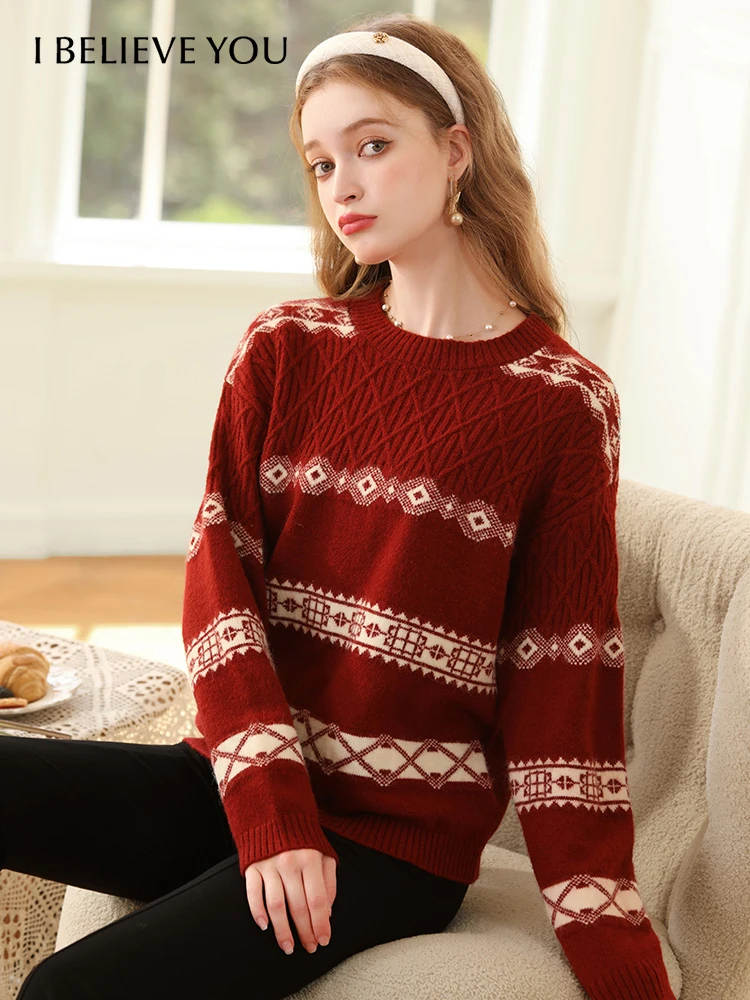 I BELIEVE YOU Christmas Sweaters Women Red Jacquard Lazy Wind Winter 2023 New Loose Colorblocking Pullover Knitwears 2234125171