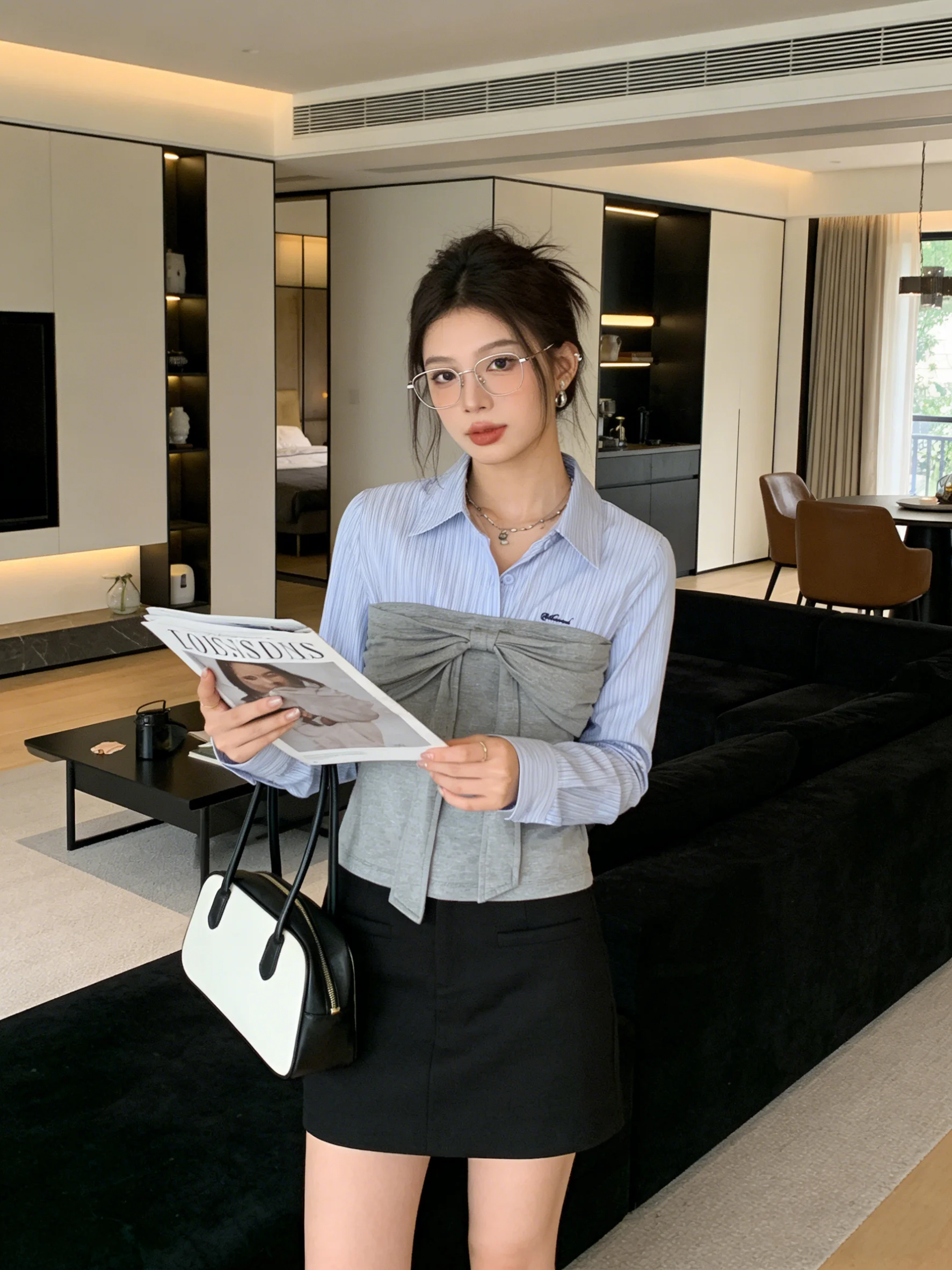 

Корейская модная женская блузка с длинным рукавом, в полоску, с вышивкой, имитация двухслойности, приталенная, универсальная, дышащая