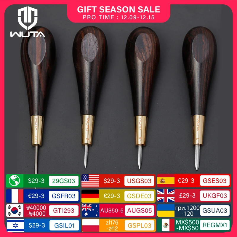 WUTA 2nd Generation Leather Stitching Awl Diamond Shape Ebony Blackwood & Brass Craft Tool Hand Sewing Awl DIY Stitcher Taper