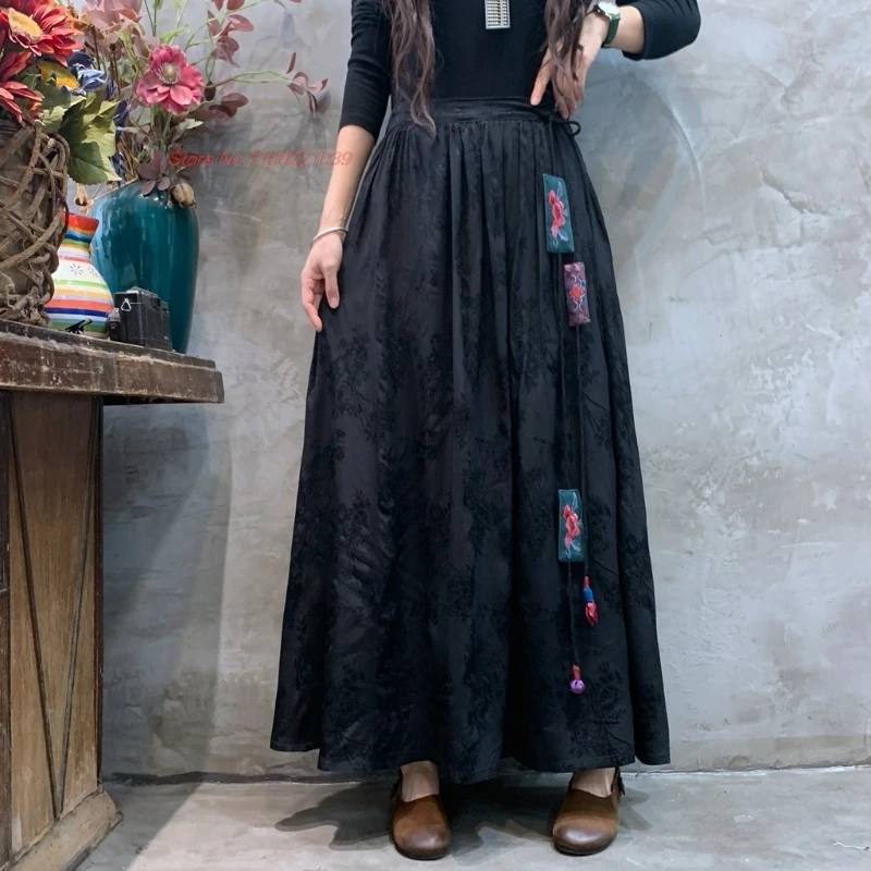 2025 national flower embroidery satin jacquard double layers skirt vintage folk skirt traditional elastic waist a-line skirt