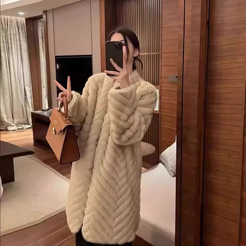 Mid Long Faux Mink Fur Coat Stripes V Neck Furry Jacket Winter Luxury Plush Coat Leather and Fur Women's Fluffy Overcoat Casual