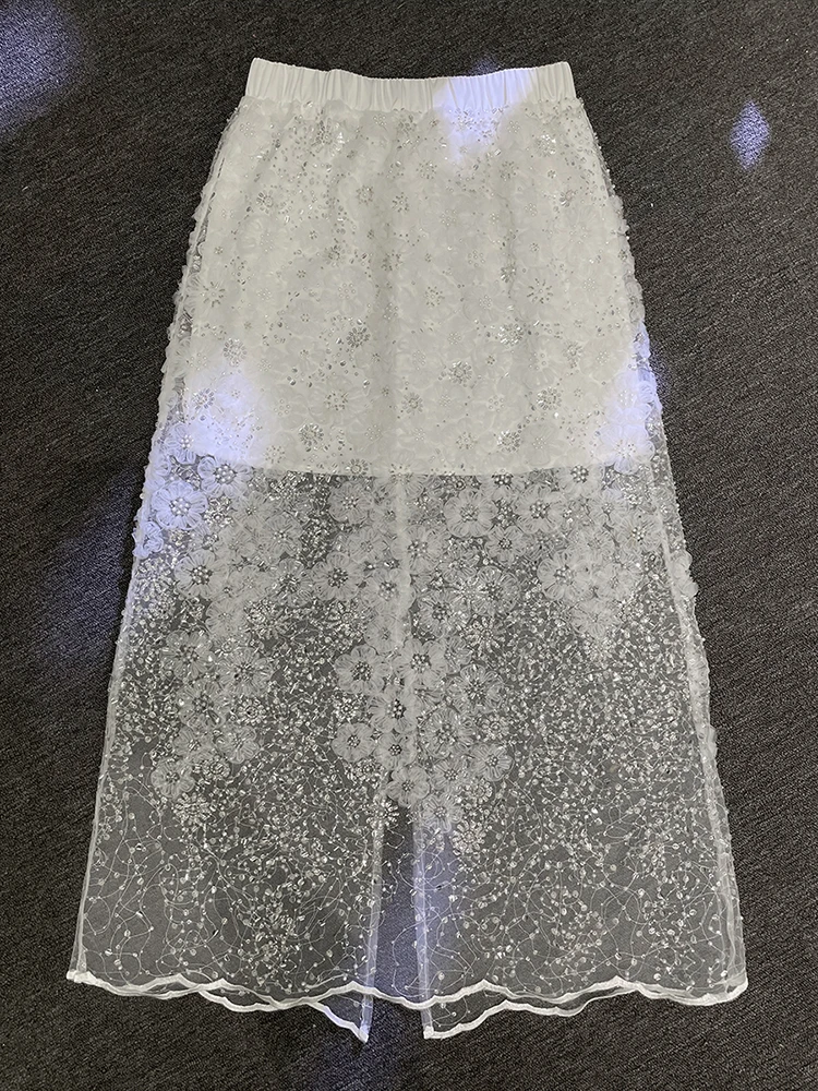 Jupe longue trapèze blanche pour femme, perles et paillettes, maille de haute qualité, élégante, printemps, été, luxe, 2024