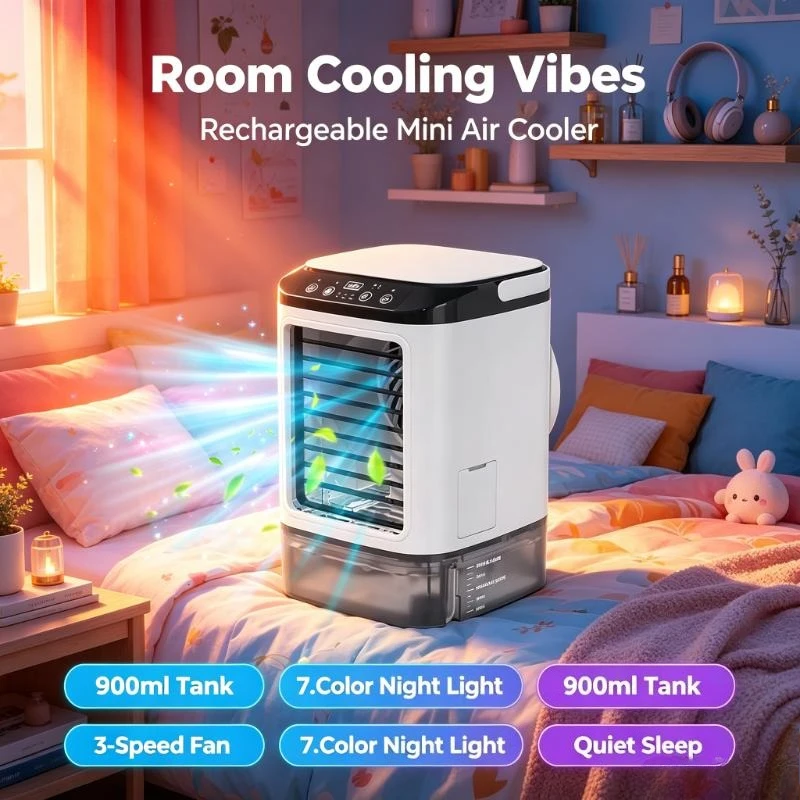 Rechargeable Mini Air Cooler 900ml Tank 3-Speed Evaporative Desk Fan with 7-Color Humidifier Night Light for Bedroom Travel
