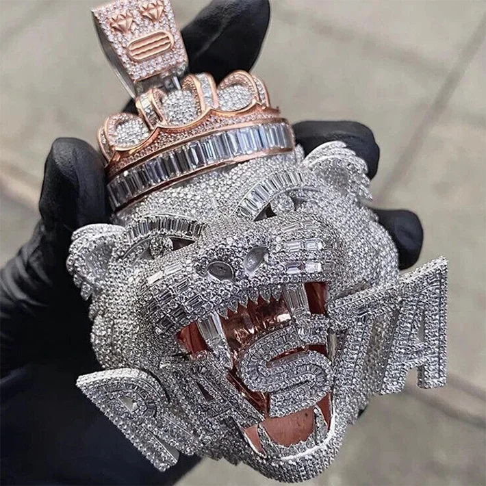 

Кулон LYEE CYEE Iced Out с тигром, надписью RASTA и короной, из серебра и розового золота с муассанитом, хип-хоп ожерелье Bling для мужчин
