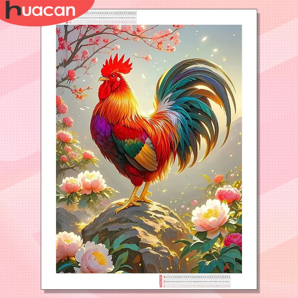 HUACAN Diamond Painting Neuheiten 2026 Hahn Tier Mosaik Pfingstrose Blumen Kunsthandwerk Wohnzimmer Kunsthandwerk
