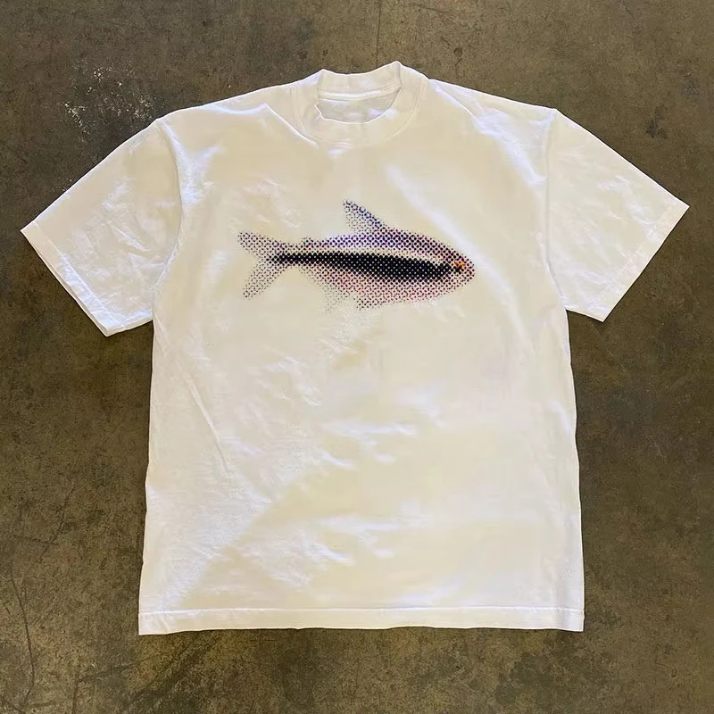 White Vintage Neon Tetra Fish Halftone Dot Matrix Cyberpunk Graphic Tee Cotton Mens Womens T-Shirt Summer Streetwear