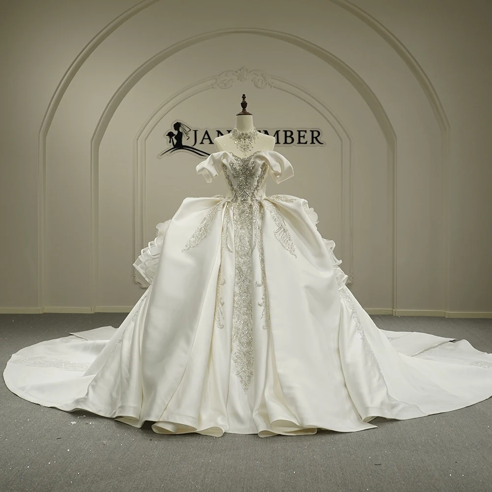 Royal Ball Dress Crystal Beaded Palace Bride Dress Train Satin Ball Gown Short Sleeve Wedding Dress Customized robe de mariée
